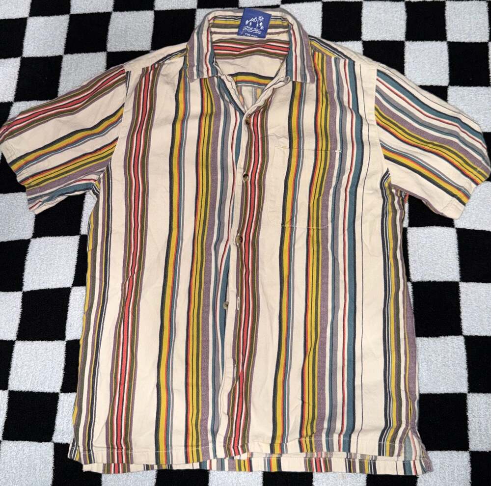Without Walls Button Up Shirt Mens Medium M Seersucker Striped Textured Beach